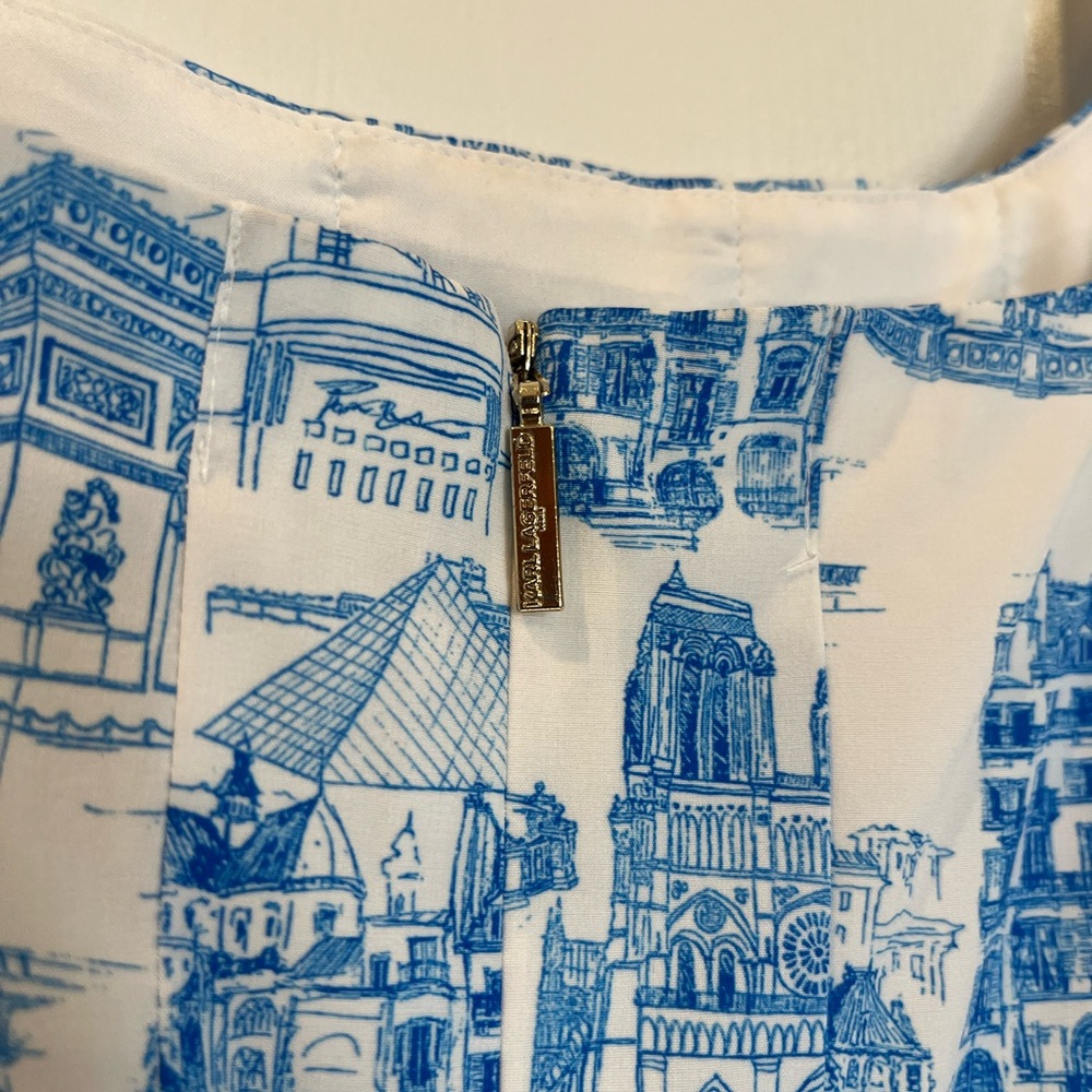 Karl Lagerfeld Women’s Sleeveless Printed Paris Toile blue white Dress 10 b2 - Picture 4 of 10